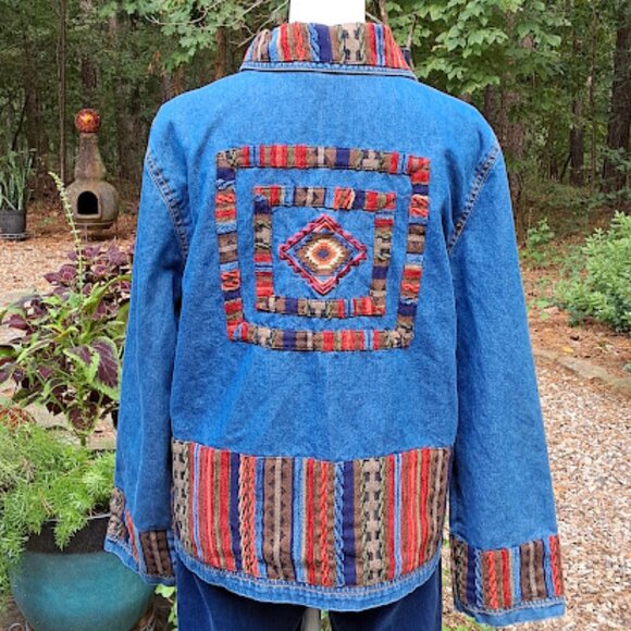 Christina Hope Vintage Aztec Embroidered Detail Denim Barn Coat, 8 - Picture 5 of 8